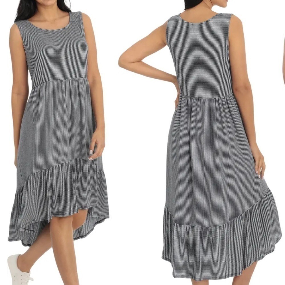 London Times Womens Striped High-Low Ruffle Hem Midi Dress Navy White Size 4